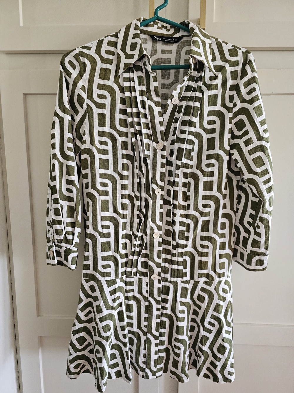 Zara Olive & White Abstract Geometric Shirt Mini Dress